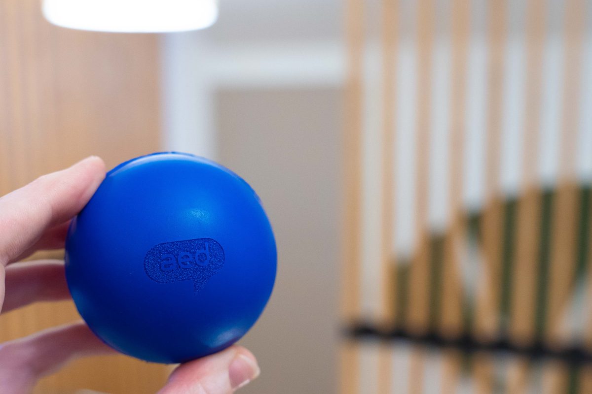 Das Gastgeschenk unserer Feier - ein kleiner blauer Ball mit dem AED Logo